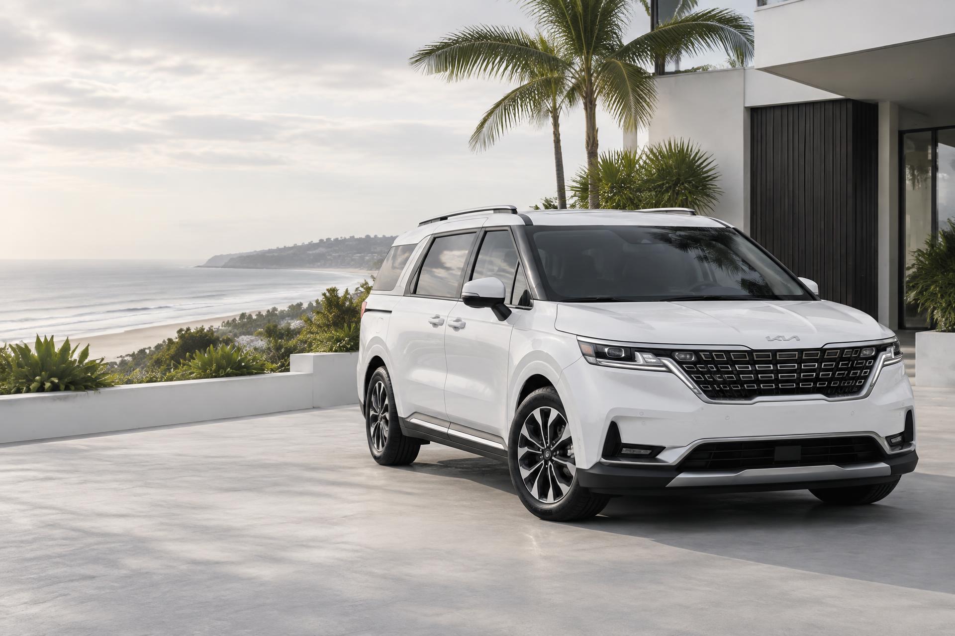 Platinum white Kia Carnival overlooking the Australian coast